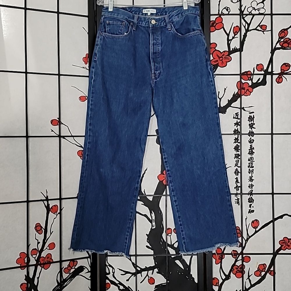 RE/DONE High Rise Wide Leg Crop Jeans Raw Hem Button Fly, Size 32, Dark Blue